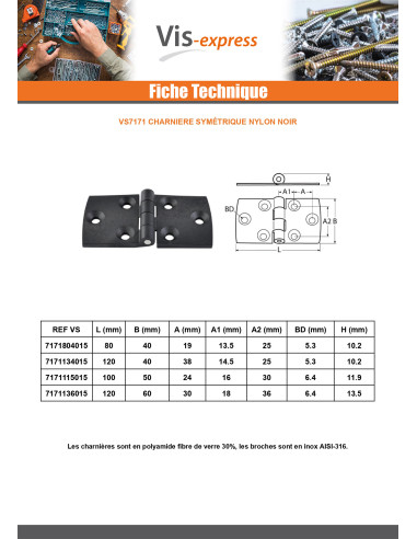 1 x Scharnier symmetrisch 120X40 zwart nylon