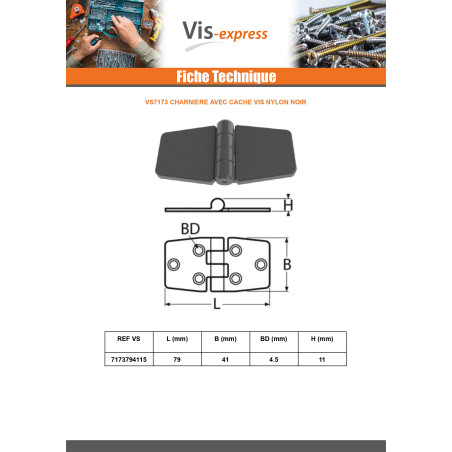 1 x Scharnier met Dop Schroeven 79X41 zwart nylon
