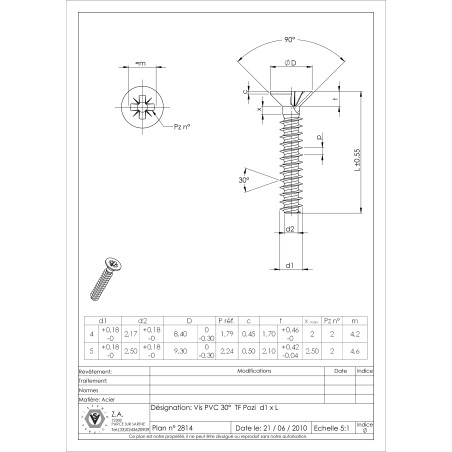 1 x PVC-schroeven gefreesde kop Pozi 5X30 Draadstang 30 graad Wit verzinkt staal