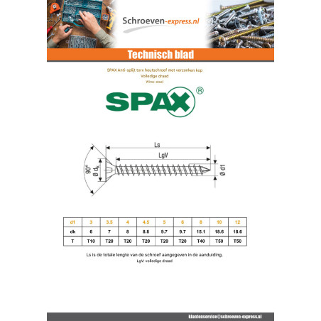 1 x SPAX Houtschroeven gefreesde kop TORX T20 5X80 gedeeltelijke draad WIROX