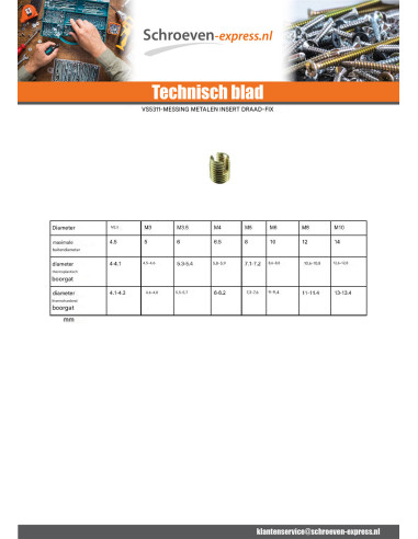 1 x Insert draad to sleuf Messing M8X15