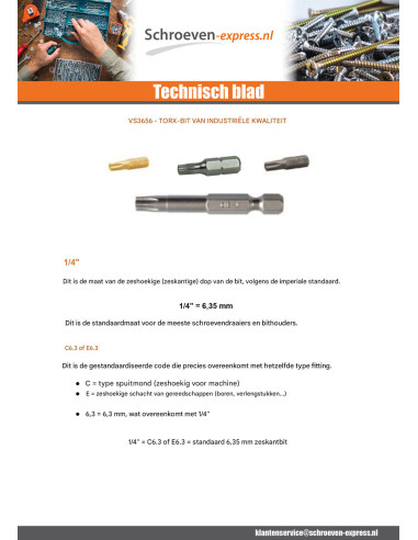1 x Bit Industriële kwaliteit 1/4" C6.3 RVS...