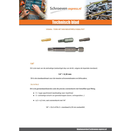 1 x Bit Industriële kwaliteit 1/4" E6.3 TORX T10 lengte 50