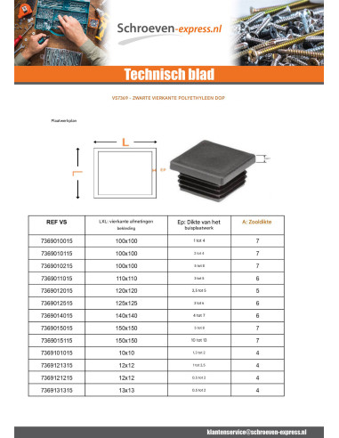 1 x Vierkante dop 65x65 Rørtykkelse 2 to 4.5...