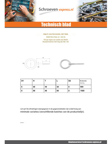 1 x Oogschroef Ring schroefdraad hout 5X50...