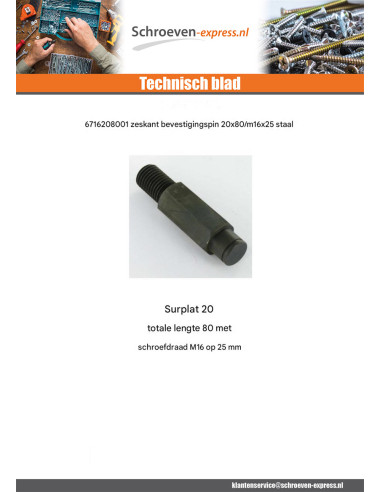 1 x PICOT Bevestiging zeshoekig 20X80 bedraad...