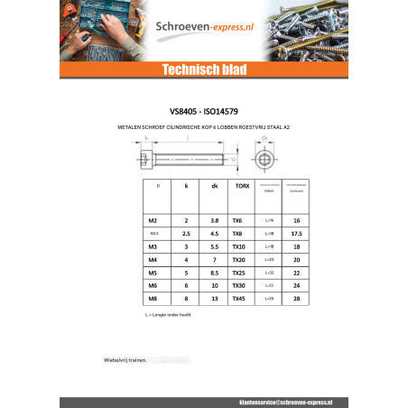 1 x Metalen schroeven cilindrische kop TORX T20 RVS A2 M4X45 bedraad op 20