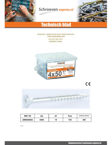 1 x Emmer met 455 Houtschroeven 4X40 gefreesde...