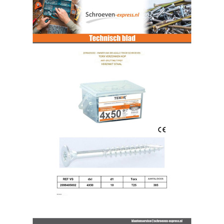1 x Emmer met 455 Houtschroeven 4X40 gefreesde kop TORX T20 anti-splijtpunt type 17 cut Wit verzinkt staal