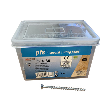 1 x Emmer met 140 Houtschroeven 5X80 gefreesde kop TORX T25 anti-splijtpunt type 17 cut Wit verzinkt staal
