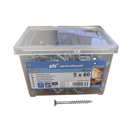 1 x Emmer met 195 Houtschroeven 5X60 gefreesde kop TORX T25 anti-splijtpunt type 17 cut Wit verzinkt staal