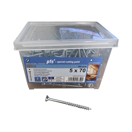 1 x Emmer met 160 Houtschroeven 5X70 gefreesde kop TORX T25 anti-splijtpunt type 17 cut Wit verzinkt staal