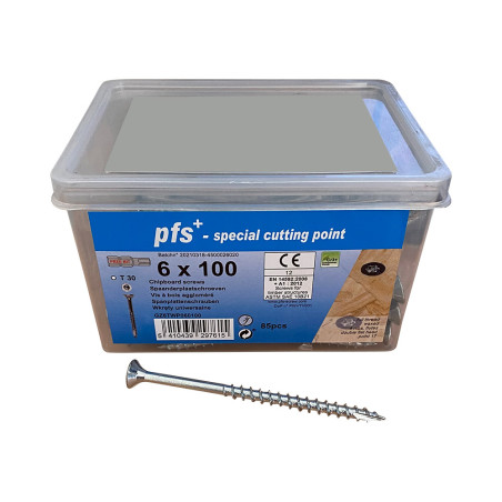 1 x Emmer met 85 Houtschroeven 6X100 gefreesde kop TORX T30 anti-splijtpunt type 17 cut Wit verzinkt staal