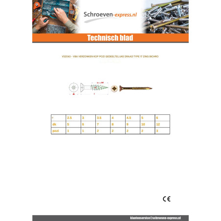 1 x TEKOR houtschroeven gefreesde kop Pozi PZ7 4,5X50 bedraad op 32 anti-splijtpunt type 17 cut Bichromaat