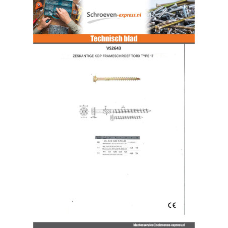 1 x Frameschroef TEKOR zeskantkop TH anti-splijtpunt type 17 cut 12X220 bedraad op 80 TORX T50 Zing cr3 96 hbs roest vrij