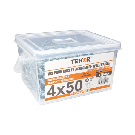 1 x Emmer met 385 TEKOR houtschroeven 4X50 gefreesde kop TORX T20 anti-splijtpunt type 17 cut Wit verzinkt staal