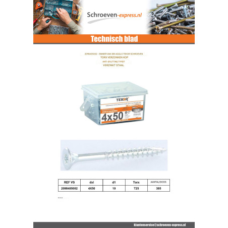 1 x Emmer met 385 TEKOR houtschroeven 4X50 gefreesde kop TORX T20 anti-splijtpunt type 17 cut Wit verzinkt staal