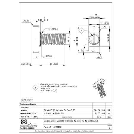 1 x Metalen schroeven hamerkop M12/30 12X34 Klasse 6.8 Wit verzinkt staal
