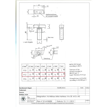 1 x Metalen schroeven hamerkop M12X40 14X35 Wit verzinkt staal
