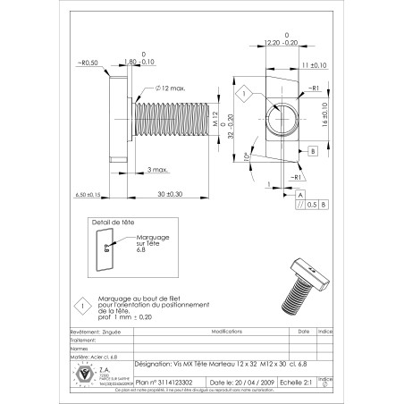 1 x Metalen schroeven hamerkop M12/30 12X32 Klasse 6.8 Wit verzinkt staal