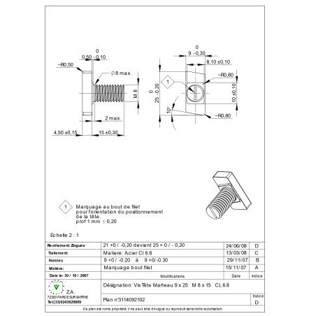 1 x Metalen schroeven hamerkop M8/15 9X25 Klasse 6.8 Wit verzinkt staal