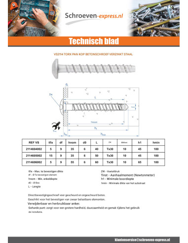 1 x Betonschroeven kop bollig TORX TORX T30...