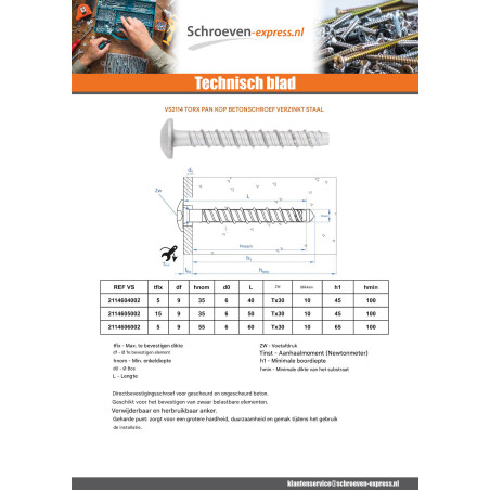 1 x Betonschroeven kop bollig TORX TORX T30 6X40 Wit verzinkt staal