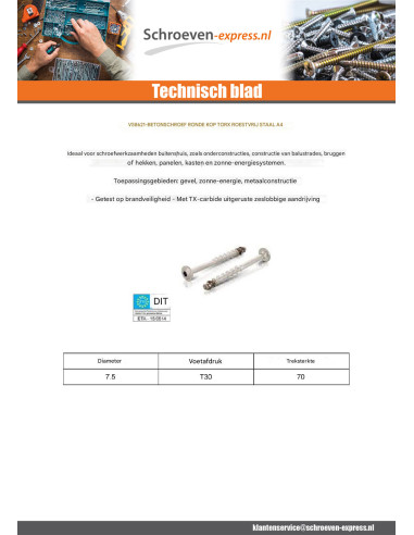 1 x Betonschroeven kop bollig TORX T30 A4 RVS...
