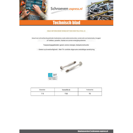 1 x Betonschroeven kop bollig TORX T30 A4 RVS 7,5X60 bedraad op 5