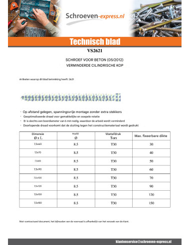 1 x Schroeven Beton cilindrische kop verlaagd...