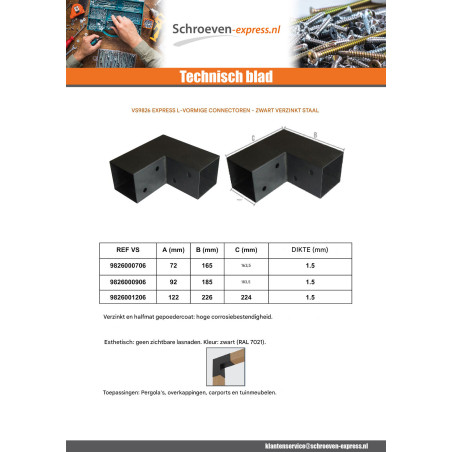1 x Koppelplaat verzinkt NADRUKKELIJK in L Zwart gegalvaniseerd staal 72x165x163,5