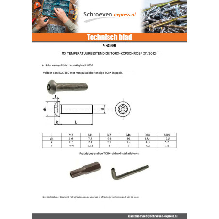 1 x Metalen schroeven RVS A2 Onbreekbaar bolkop TORX T45 met pen M10X40