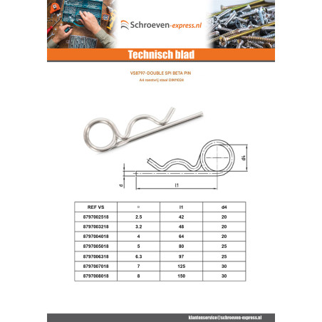 1 x Splitpen BETA dubbel SPIRE voor gat 8 A4 RVS