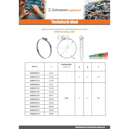 1 x Slangklem verplaatste kop niet-geperforeerde band van 12 diameter 120 to 140 RVS W4