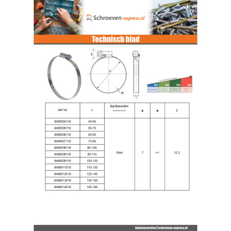 1 x Slangklem verplaatste kop niet-geperforeerde band van 12 diameter 50 to 70 RVS W4