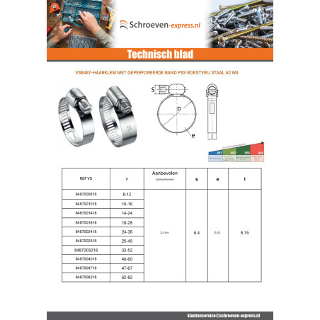 1 x Slangklem geperforeerde band LBAN 8 diameter 10 to 16 RVS W4