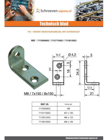 1 x Bevestigingshoek gat tappende M7X150 Wit...