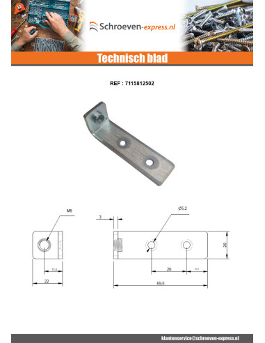 1 x Bevestigingshoek gat tappende M7X150 Wit...