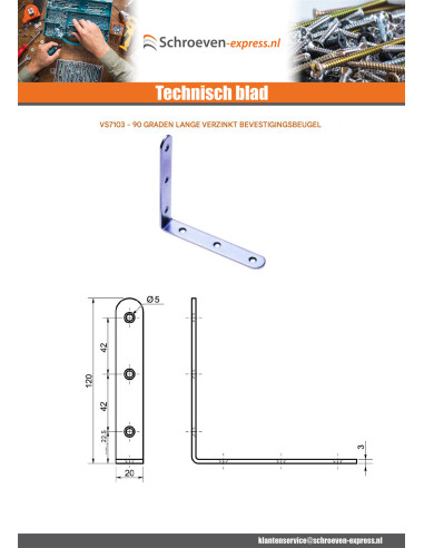 1 x Bevestigingshoek lang 90 120x20x3 Wit...
