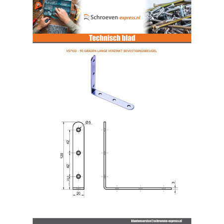 1 x Bevestigingshoek lang 90 120x20x3 Wit verzinkt staal