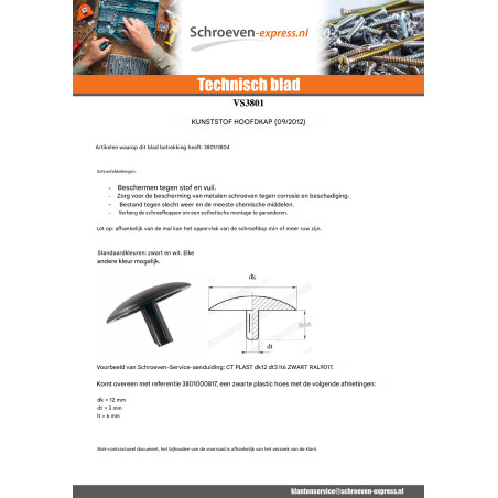 1 x Schroefkopafdekking Polietileno kopdiameter 12 stamdiameter 2.5 steellengte 5 RAL9010 zuiver wit