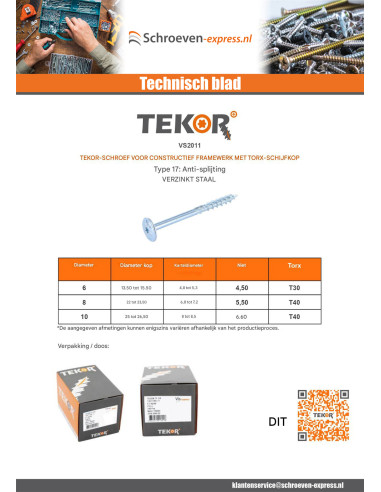 1 x TEKOR houtschroeven schijfkop TORX T40...