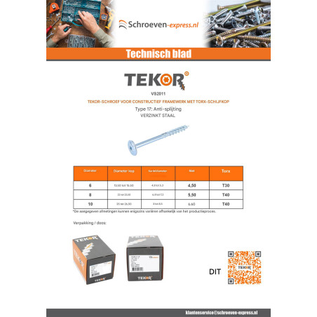 1 x TEKOR houtschroeven schijfkop TORX T40 anti-splijtpunt type 17 cut 10X160 gedeeltelijke draad Wit verzinkt staal