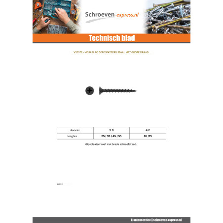 1 x Gipsplaatschroeven Groot schroefdraad Phillips 2 4.2X65 Fosfaatstaal