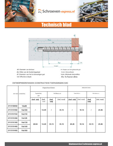 1 x Betonschroeven zeskantkop TH kraagflens T21...