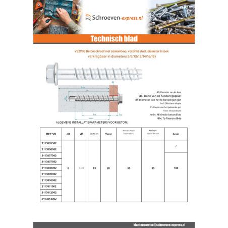 1 x Betonschroeven zeskantkop TH kraagflens T13 8X75 Wit verzinkt staal