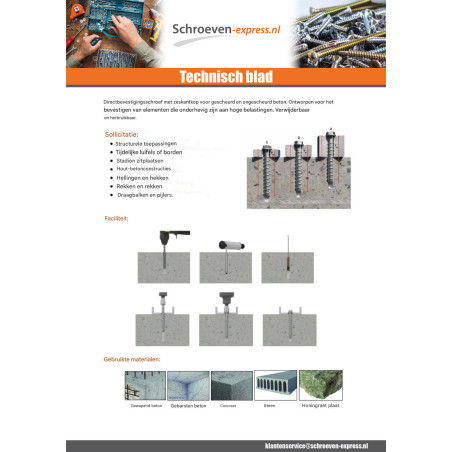 1 x Betonschroeven zeskantkop TH kraagflens TORX T15 10X120 Wit verzinkt staal