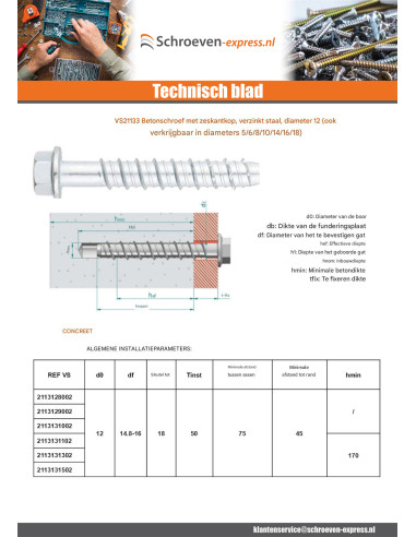 1 x Betonschroeven zeskantkop TH kraagflens T18...