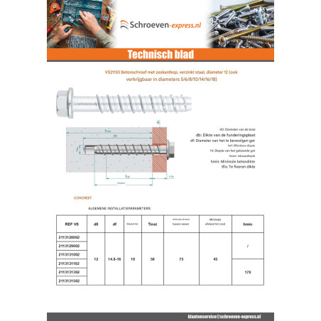 1 x Betonschroeven zeskantkop TH kraagflens T18 12X110 Wit verzinkt staal