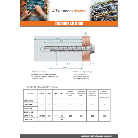 1 x Betonschroeven zeskantkop TH kraagflens T18 12X110 Wit verzinkt staal